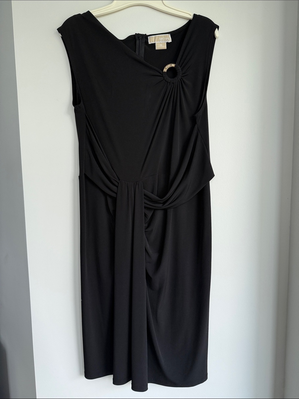 Michael Kors Black Sleeveless Midi Dress with Ring Detail, Size 12